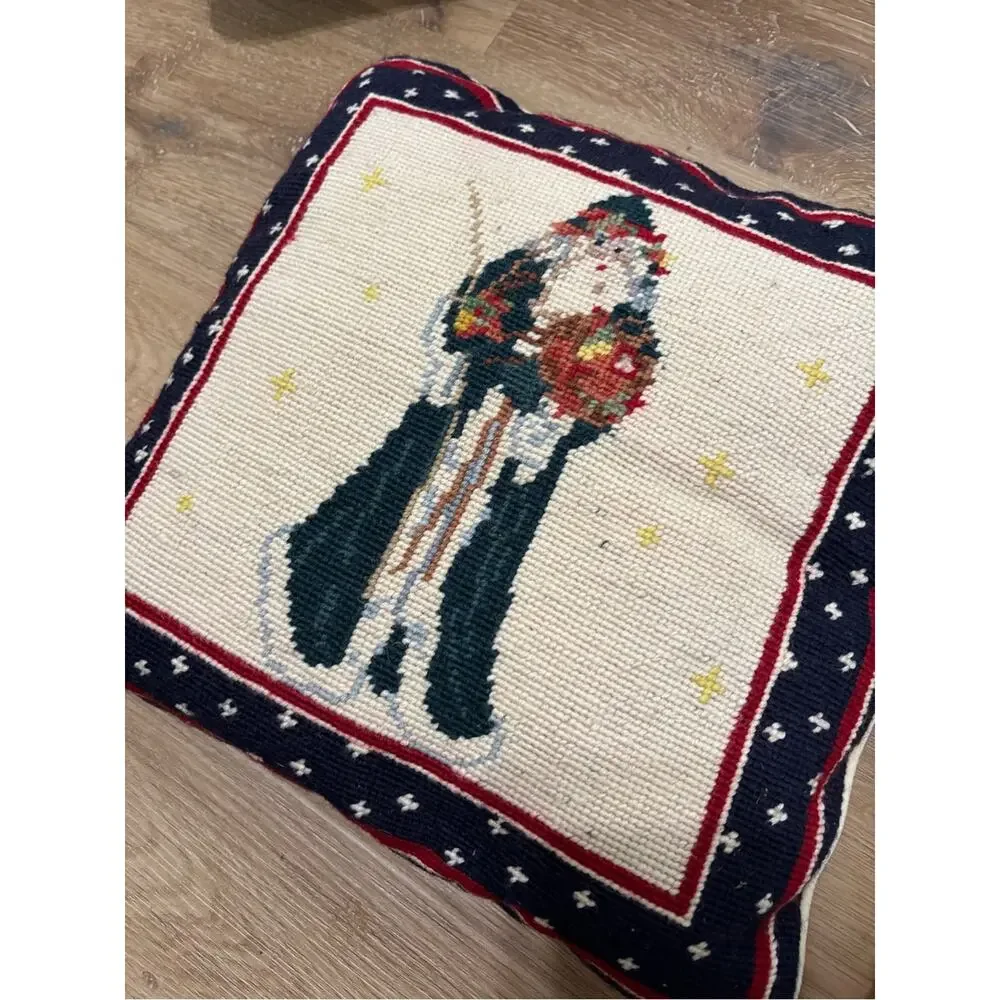 Vintage Needlepoint Santa Christmas Throw Pillows Primitive Folk Art Pair